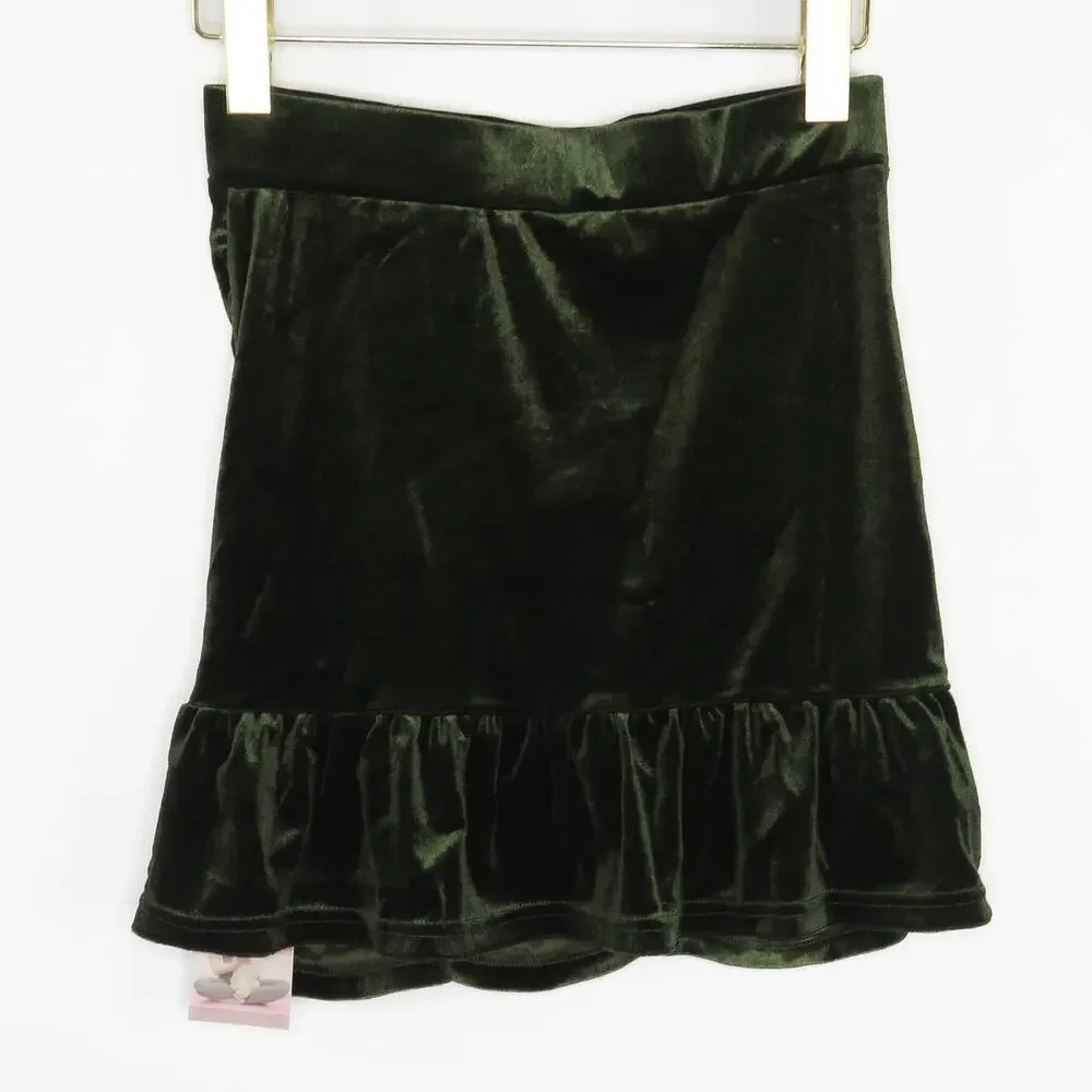 Halara Dark Green Velvet Mini Skirt with  Ruched Ruffle Hem Small